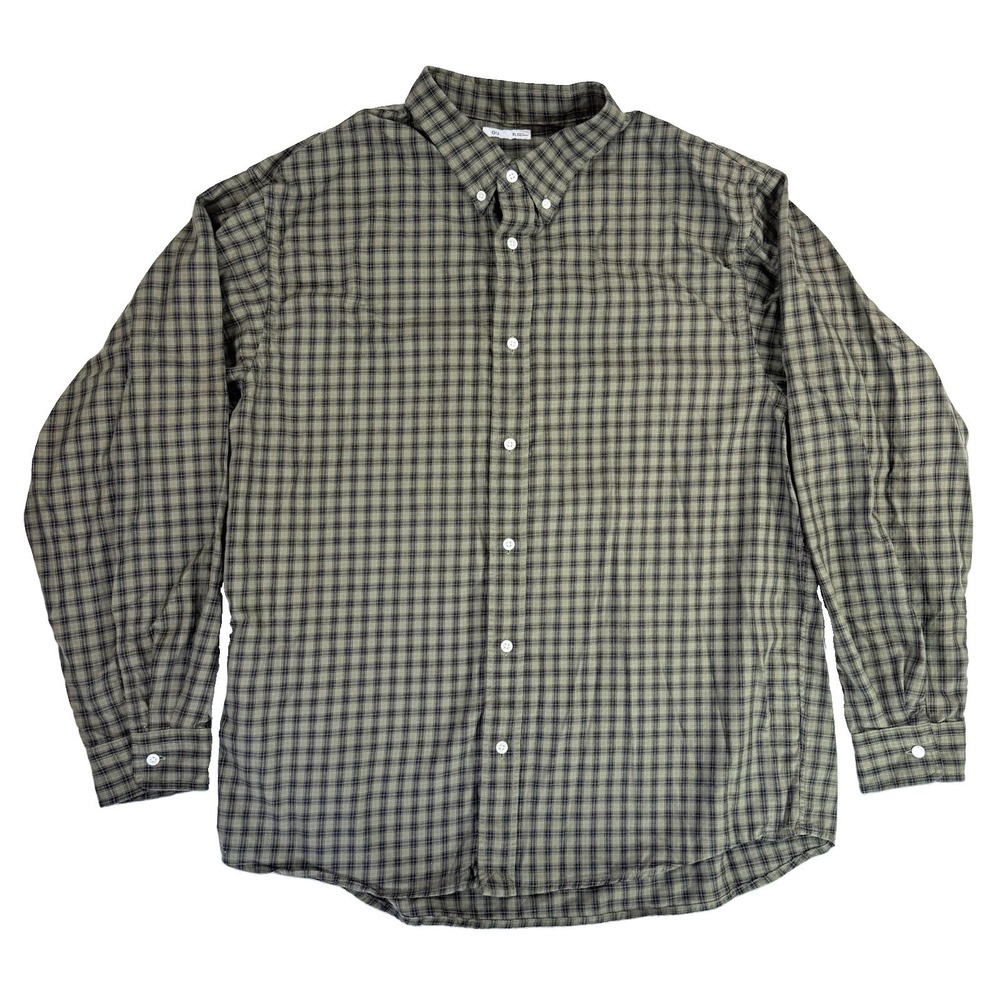 GU Uniqlo Mens XL Olive Green Black Plaid Soft Flannel Button Down Shirt Cotton